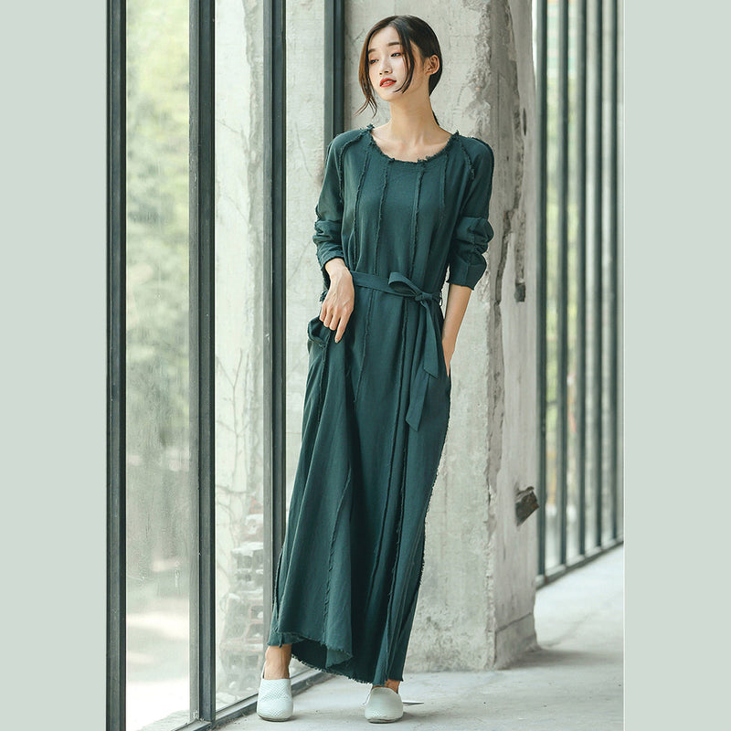 Boutique Blackish Green Clothing O Neck Baggy Dresses Traveling Clothing Tie Waist Dresses