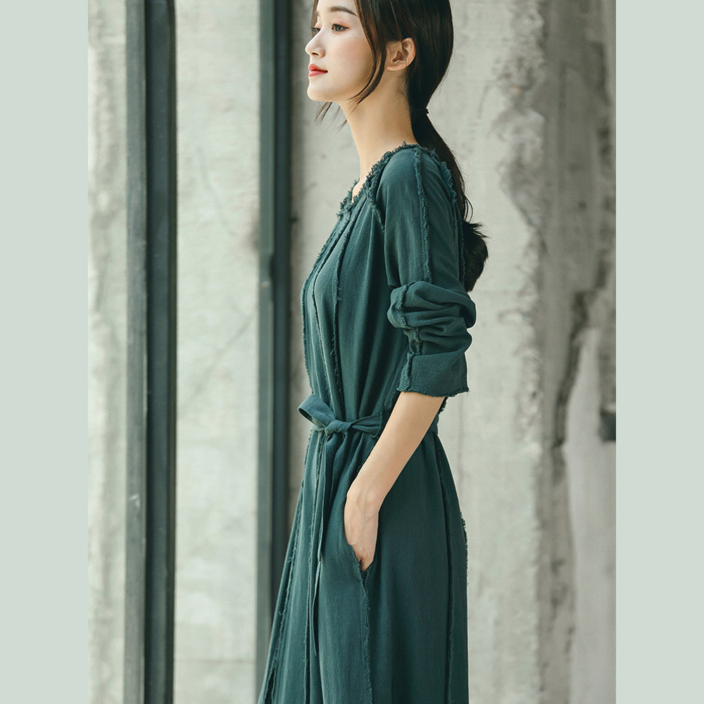 Boutique Blackish Green Clothing O Neck Baggy Dresses Traveling Clothing Tie Waist Dresses