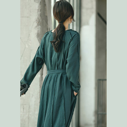 Boutique Blackish Green Clothing O Neck Baggy Dresses Traveling Clothing Tie Waist Dresses