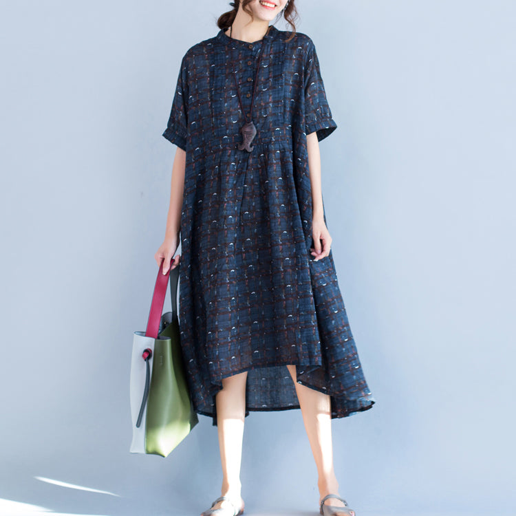 Boutique Blue Plaid Natural Cotton Linen Dress Stand Baggy Dresses Boutique Short Sleeve Asymmetrical Design Dresses