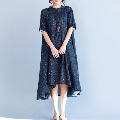 Boutique Blue Plaid Natural Cotton Linen Dress Stand Baggy Dresses Boutique Short Sleeve Asymmetrical Design Dresses