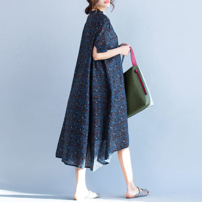 Boutique Blue Plaid Natural Cotton Linen Dress Stand Baggy Dresses Boutique Short Sleeve Asymmetrical Design Dresses