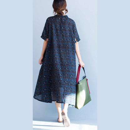 Boutique Blue Plaid Natural Cotton Linen Dress Stand Baggy Dresses Boutique Short Sleeve Asymmetrical Design Dresses