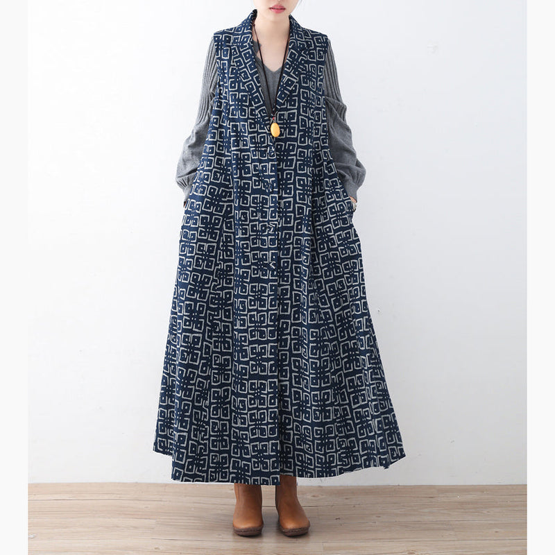Boutique Black Cotton Polyester Coat Prints Outwear Sleeveless Maxi Coat
