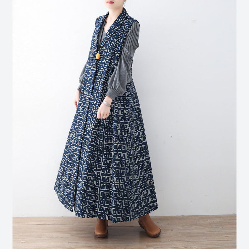 Boutique Black Cotton Polyester Coat Prints Outwear Sleeveless Maxi Coat