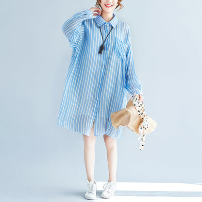 Boutique Blue Cotton Shift Dress Cotton Clothing Dresses New Lapel Collar Striped Shirt Dress