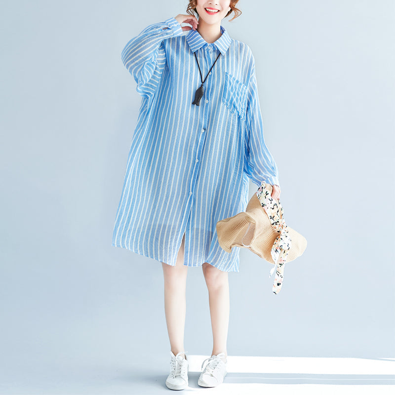 Boutique Blue Cotton Shift Dress Cotton Clothing Dresses New Lapel Collar Striped Shirt Dress
