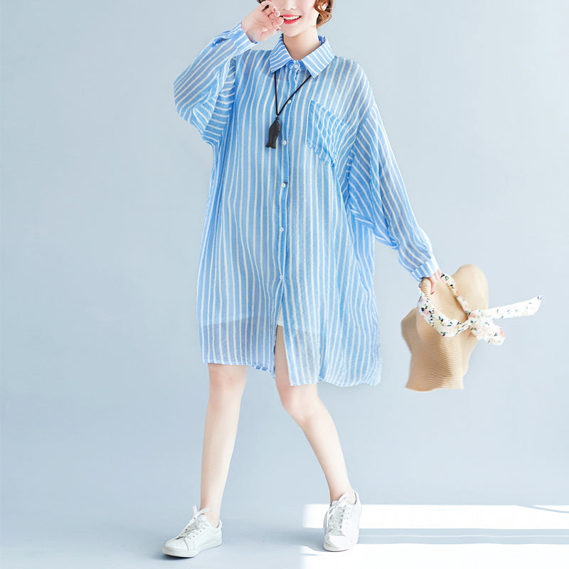 Boutique Blue Cotton Shift Dress Cotton Clothing Dresses New Lapel Collar Striped Shirt Dress