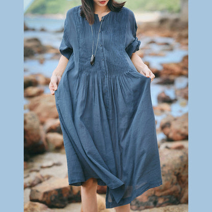 Boutique Blue Gray Linen Caftans Loose Fitting O Neck Linen Clothing Dress Fine Three Quarter Sleeve Large Hem Dresses