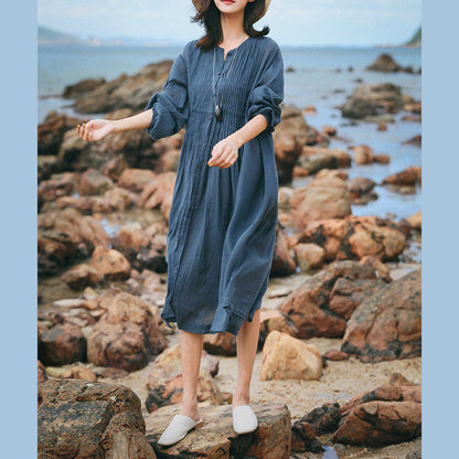 Boutique Blue Gray Linen Caftans Loose Fitting O Neck Linen Clothing Dress Fine Three Quarter Sleeve Large Hem Dresses