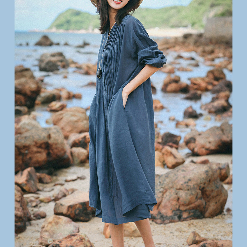 Boutique Blue Gray Linen Caftans Loose Fitting O Neck Linen Clothing Dress Fine Three Quarter Sleeve Large Hem Dresses