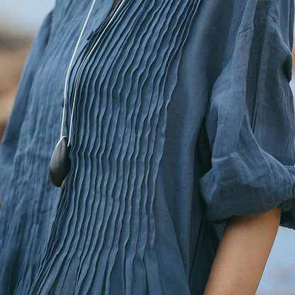 Boutique Blue Gray Linen Caftans Loose Fitting O Neck Linen Clothing Dress Fine Three Quarter Sleeve Large Hem Dresses
