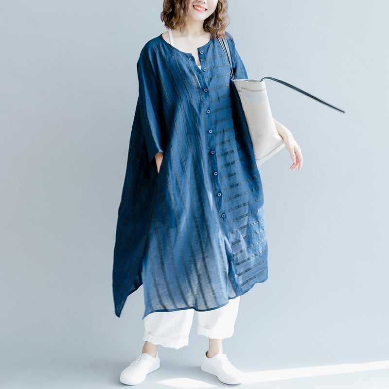 Boutique Blue Striped Linen Maxi Dress O Neck Baggy Dresses Gown Fine Half Sleeve Side Open Maxi Dresses