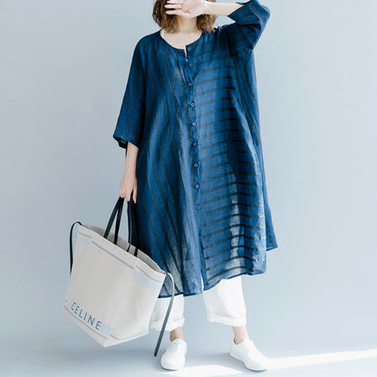 Boutique Blue Striped Linen Maxi Dress O Neck Baggy Dresses Gown Fine Half Sleeve Side Open Maxi Dresses