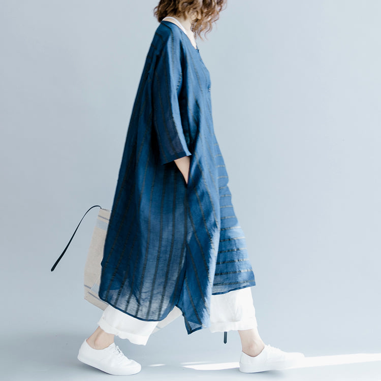 Boutique Blue Striped Linen Maxi Dress O Neck Baggy Dresses Gown Fine Half Sleeve Side Open Maxi Dresses