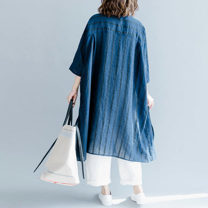 Boutique Blue Striped Linen Maxi Dress O Neck Baggy Dresses Gown Fine Half Sleeve Side Open Maxi Dresses