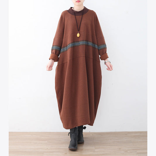 Boutique Brown Sweater Dress Fall Patchwork Pullover Fine High Neck Winter Dress