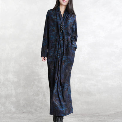 Boutique Dark Blue Print Natural Silk Cotton Blended Dress Loose Fitting V Neck Asymmetrical Design Traveling Dress Boutique Long Sleeve Patchwork Kaftans