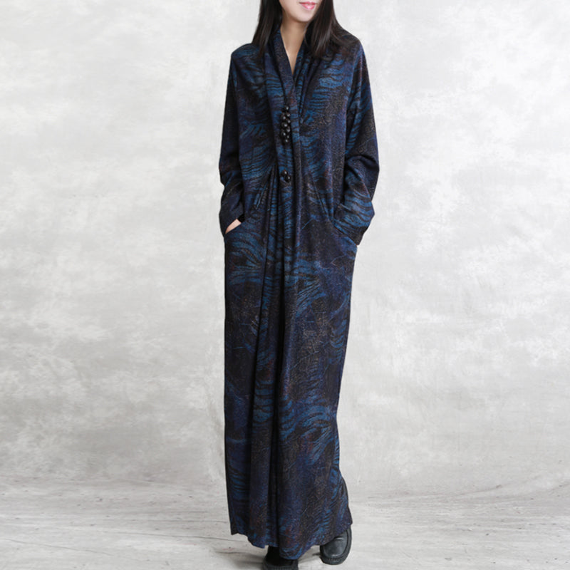 Boutique Dark Blue Print Natural Silk Cotton Blended Dress Loose Fitting V Neck Asymmetrical Design Traveling Dress Boutique Long Sleeve Patchwork Kaftans