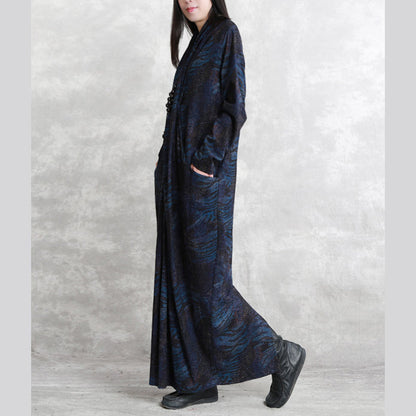 Boutique Dark Blue Print Natural Silk Cotton Blended Dress Loose Fitting V Neck Asymmetrical Design Traveling Dress Boutique Long Sleeve Patchwork Kaftans
