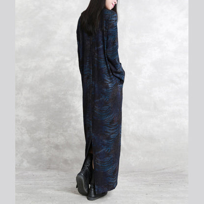 Boutique Dark Blue Print Natural Silk Cotton Blended Dress Loose Fitting V Neck Asymmetrical Design Traveling Dress Boutique Long Sleeve Patchwork Kaftans