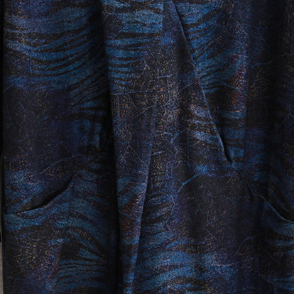 Boutique Dark Blue Print Natural Silk Cotton Blended Dress Loose Fitting V Neck Asymmetrical Design Traveling Dress Boutique Long Sleeve Patchwork Kaftans