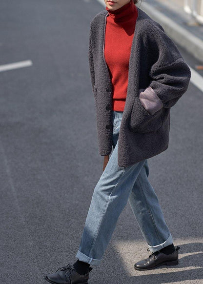 Boutique Dark Gray Woolen Coats Winter Jackets V Neck Pockets Coats