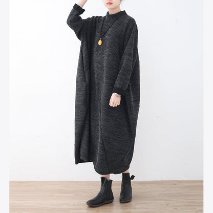 Boutique Dark Gray Knit Dresses Loose Fitting Asymmetrical Pullover High Neck Dress