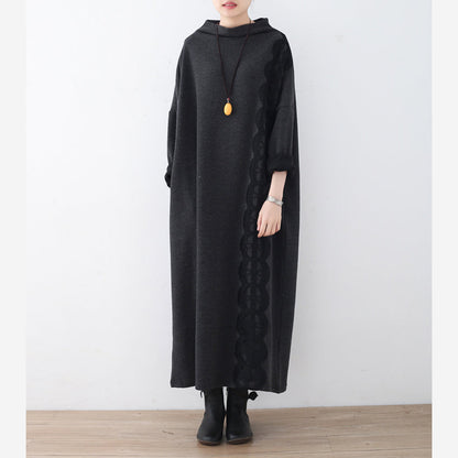 Boutique Dark Gray Linen Dresses Lack Patchwork Traveling Dress Asymmetrical Maxi Dresses