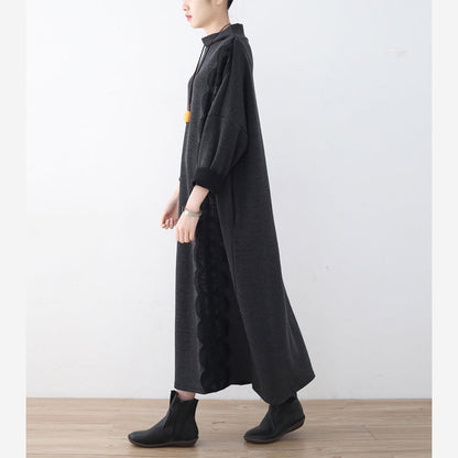 Boutique Dark Gray Linen Dresses Lack Patchwork Traveling Dress Asymmetrical Maxi Dresses