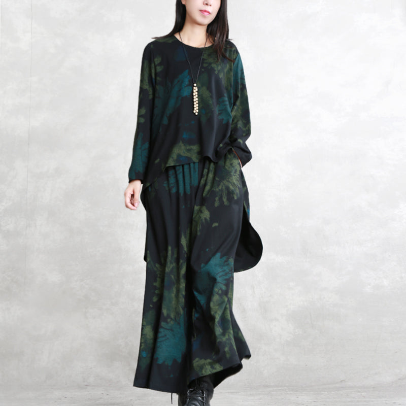 Boutique Cotton Blended Two Pieces Oversized Maxi T Shirts Fine Long Sleeve Asymmetric O Neck Pockets Tops Cotton Blended Baggy Trouse