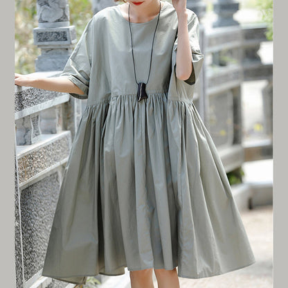 Boutique Gray Cotton Holiday Dresses New Short Sleeve Cinched O Neck Baggy Dresses