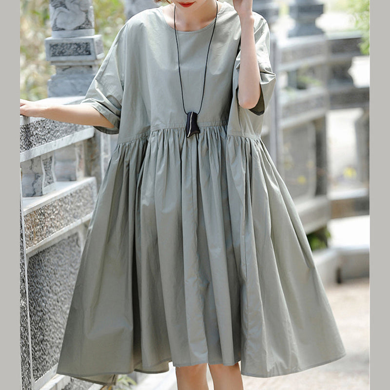 Boutique Gray Cotton Holiday Dresses New Short Sleeve Cinched O Neck Baggy Dresses