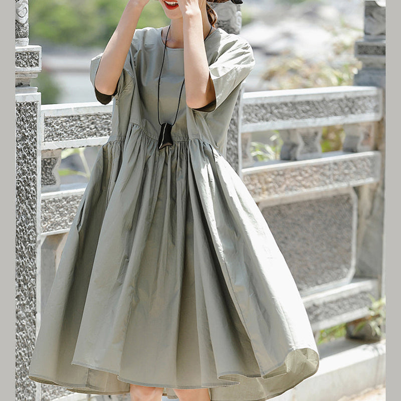 Boutique Gray Cotton Holiday Dresses New Short Sleeve Cinched O Neck Baggy Dresses