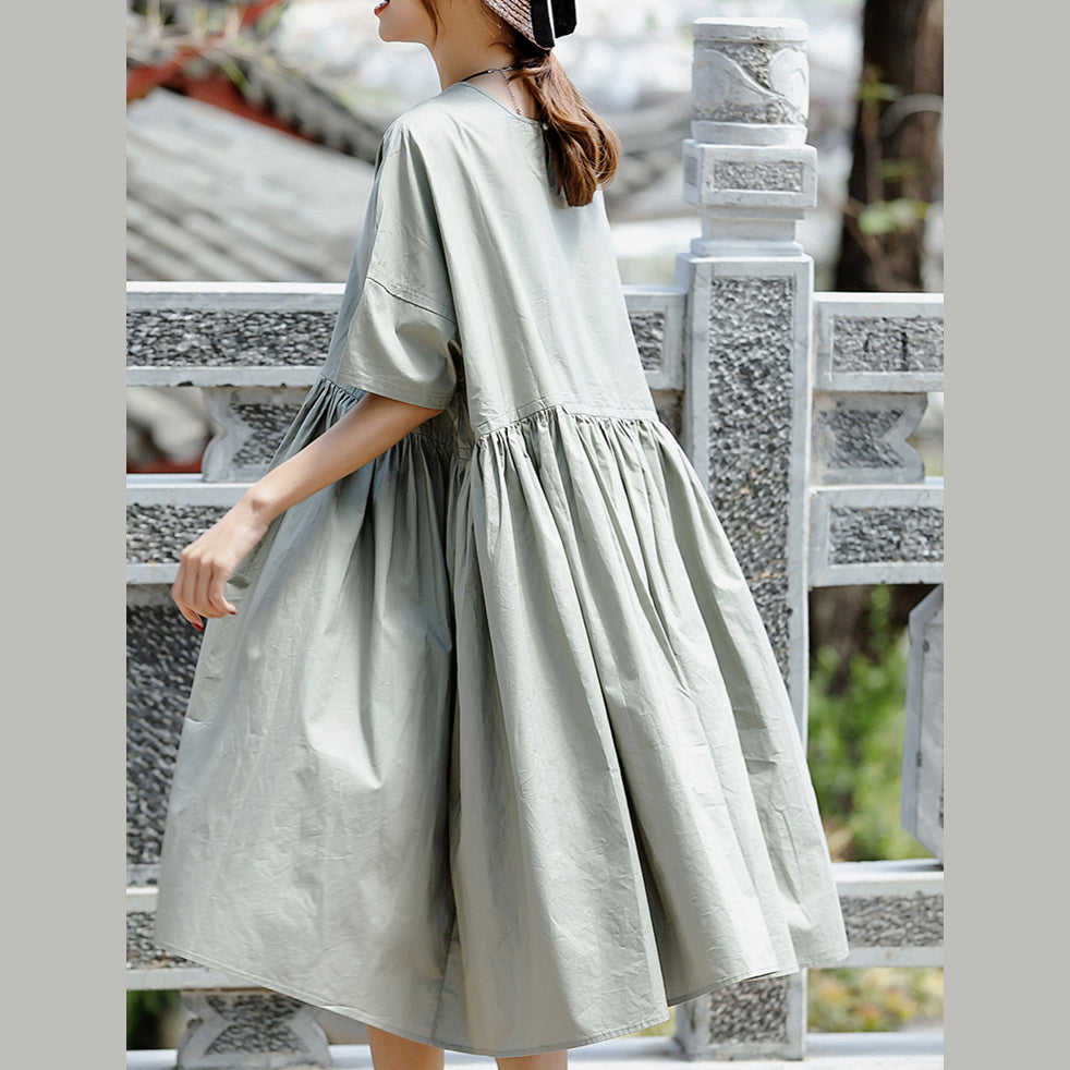 Boutique Gray Cotton Holiday Dresses New Short Sleeve Cinched O Neck Baggy Dresses