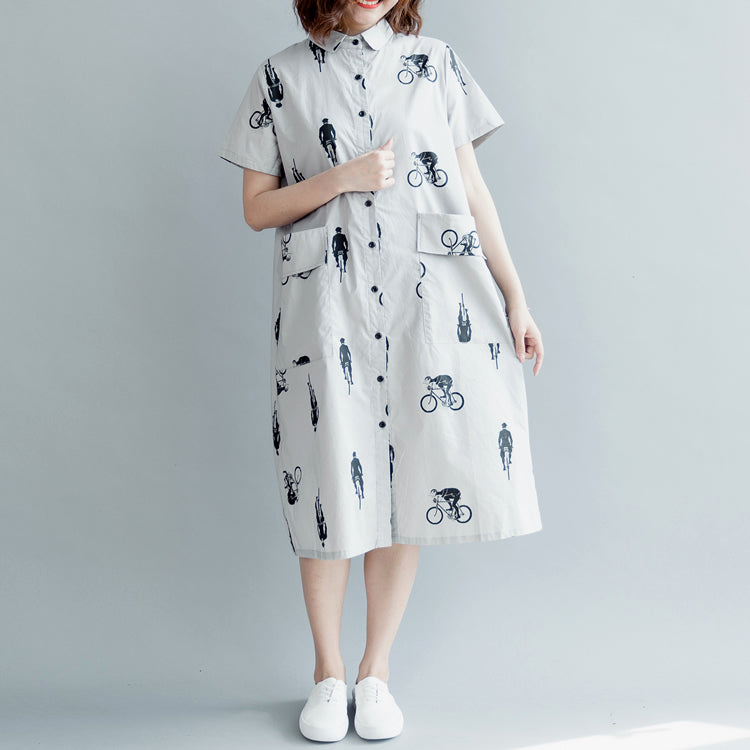 Boutique Gray Print Pure Cotton Dress Dress Boutique Short Sleeve Pockets Turn-down Collar Hollow Out Midi Dress