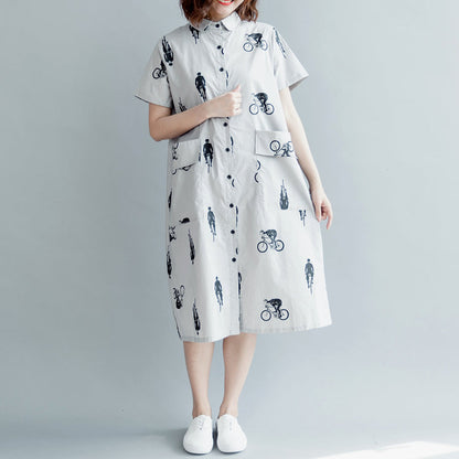 Boutique Gray Print Pure Cotton Dress Dress Boutique Short Sleeve Pockets Turn-down Collar Hollow Out Midi Dress