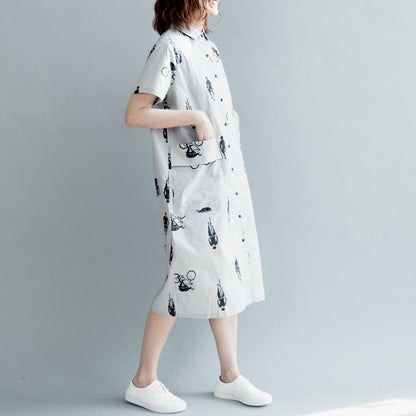 Boutique Gray Print Pure Cotton Dress Dress Boutique Short Sleeve Pockets Turn-down Collar Hollow Out Midi Dress