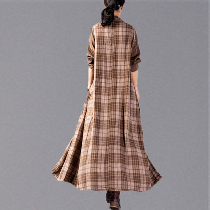 Boutique Khaki Plaid Coats Loose Fitting V Neck Large Hem Long Coat Boutique Patchwork Maxi Coat