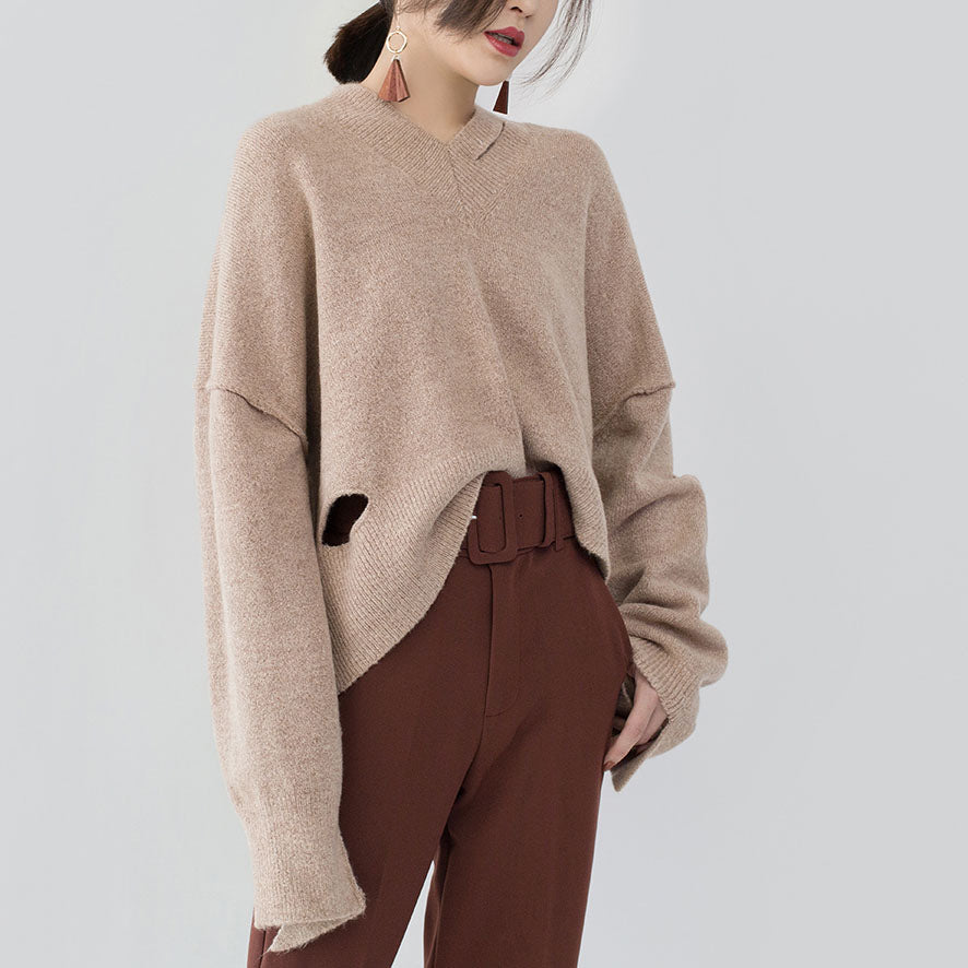 Boutique Khaki Cozy Sweater V Neck Knitted Tops Fine Asymmetrical Design Top
