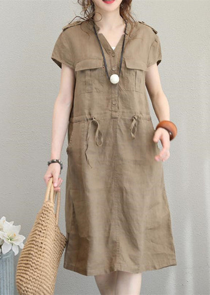 Boutique Khaki Linen Dresses Linen Clothing Dresses Drawstring V Neck Midi Dress