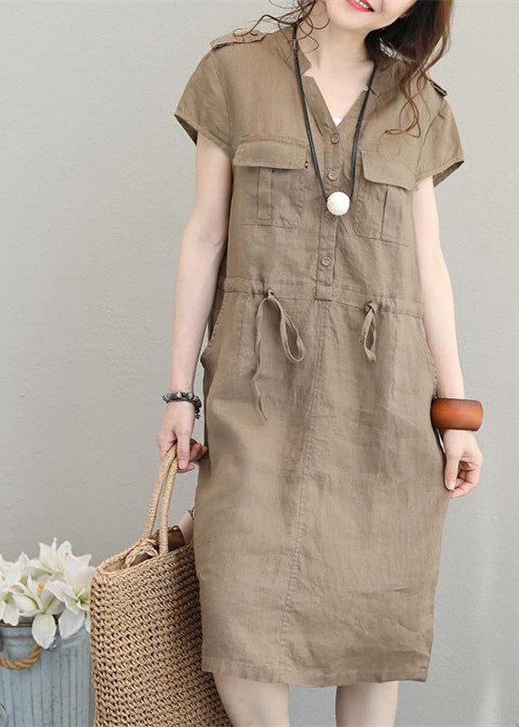 Boutique Khaki Linen Dresses Linen Clothing Dresses Drawstring V Neck Midi Dress