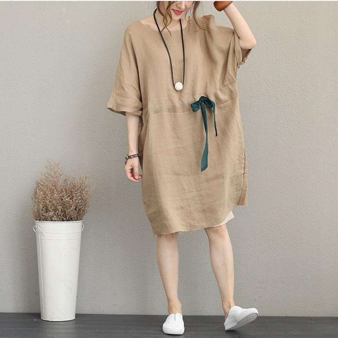 Boutique Khaki Pure Linen Dress Loose Fitting Linen Clothing Dresses Waist Drawstring Bracelet Sleeved Midi Dress