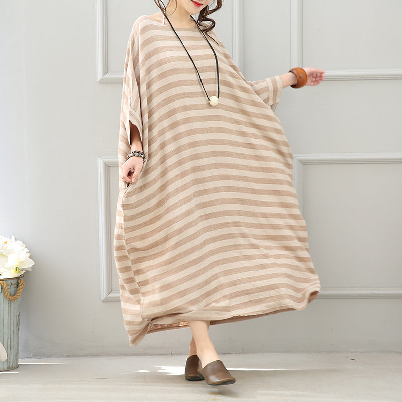 Boutique Khaki Striped Linen Maxi Dress O Neck Linen Gown Batwing Sleeve Gown