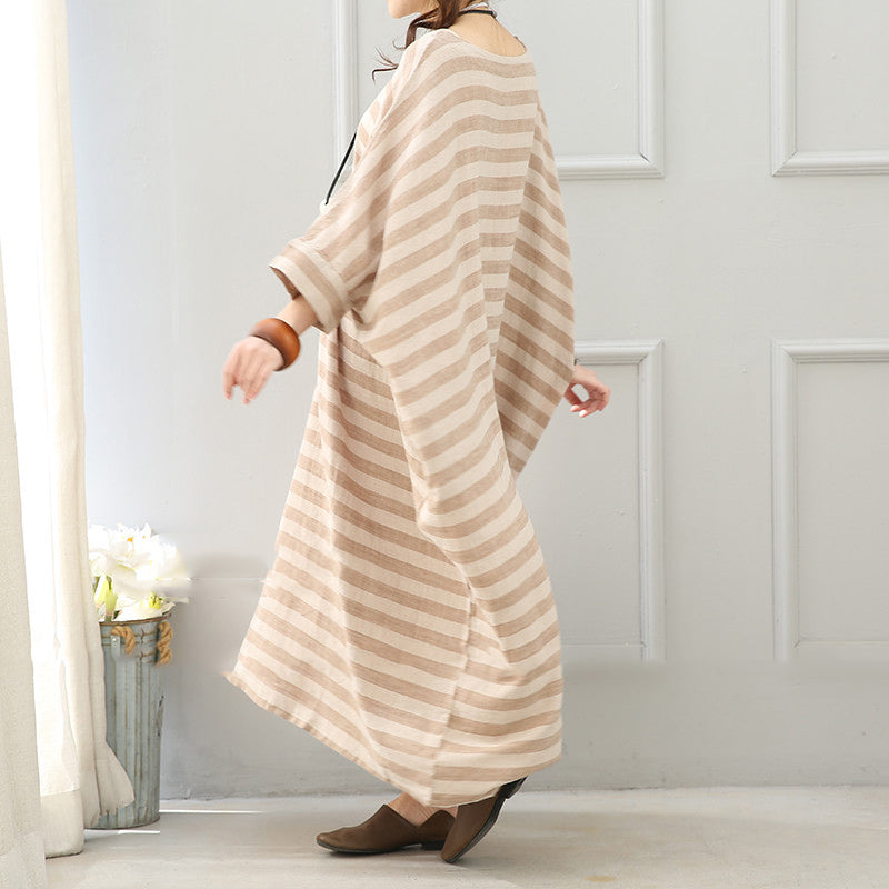 Boutique Khaki Striped Linen Maxi Dress O Neck Linen Gown Batwing Sleeve Gown