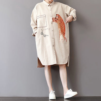 Boutique Light Khaki Cotton Shift Dress Loose Fitting Holiday Dresses Fine Side Open Shirt Dress