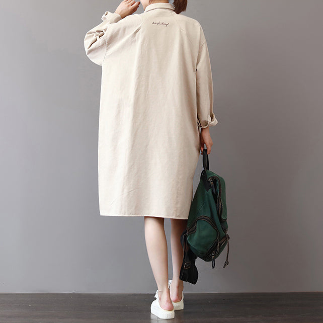 Boutique Light Khaki Cotton Shift Dress Loose Fitting Holiday Dresses Fine Side Open Shirt Dress