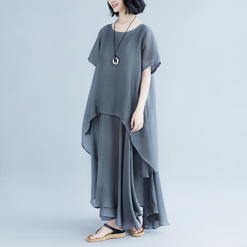 Boutique Linen Dresses Oversize Short Sleeve Gray Pockets Fake Two-piece Dress