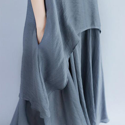 Boutique Linen Dresses Oversize Short Sleeve Gray Pockets Fake Two-piece Dress