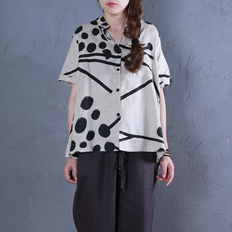 Boutique Linen Summer Top Stand Collar Printed Single Breasted Beige Blouse